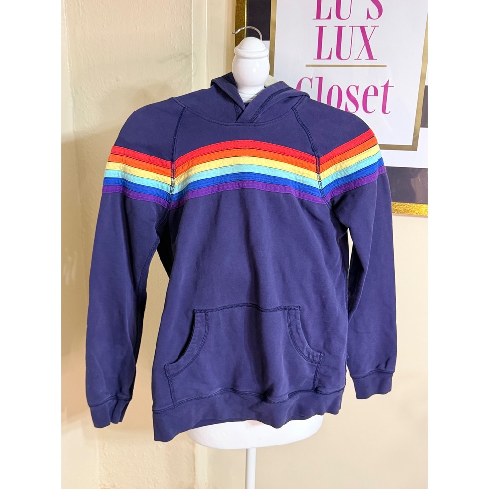 Hanna Andersson Navy Blue Rainbow Stripe French Terry Hoodie Kids Size 14 160cm